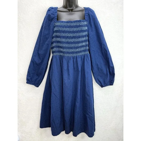 Draper James RSVP Puff Sleeve Smocked Bodice Blue Stripe Dress Size XL - Picture 2 of 9